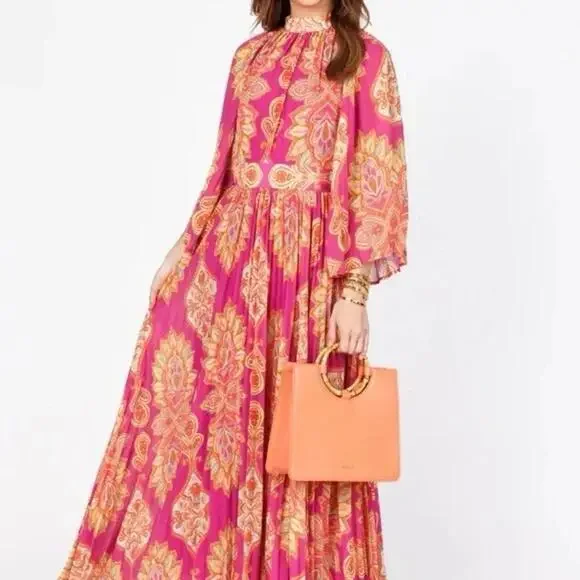 NWT High Neck Pink and Orange Paisley Pleated Open Back Maxi Dress Size XL